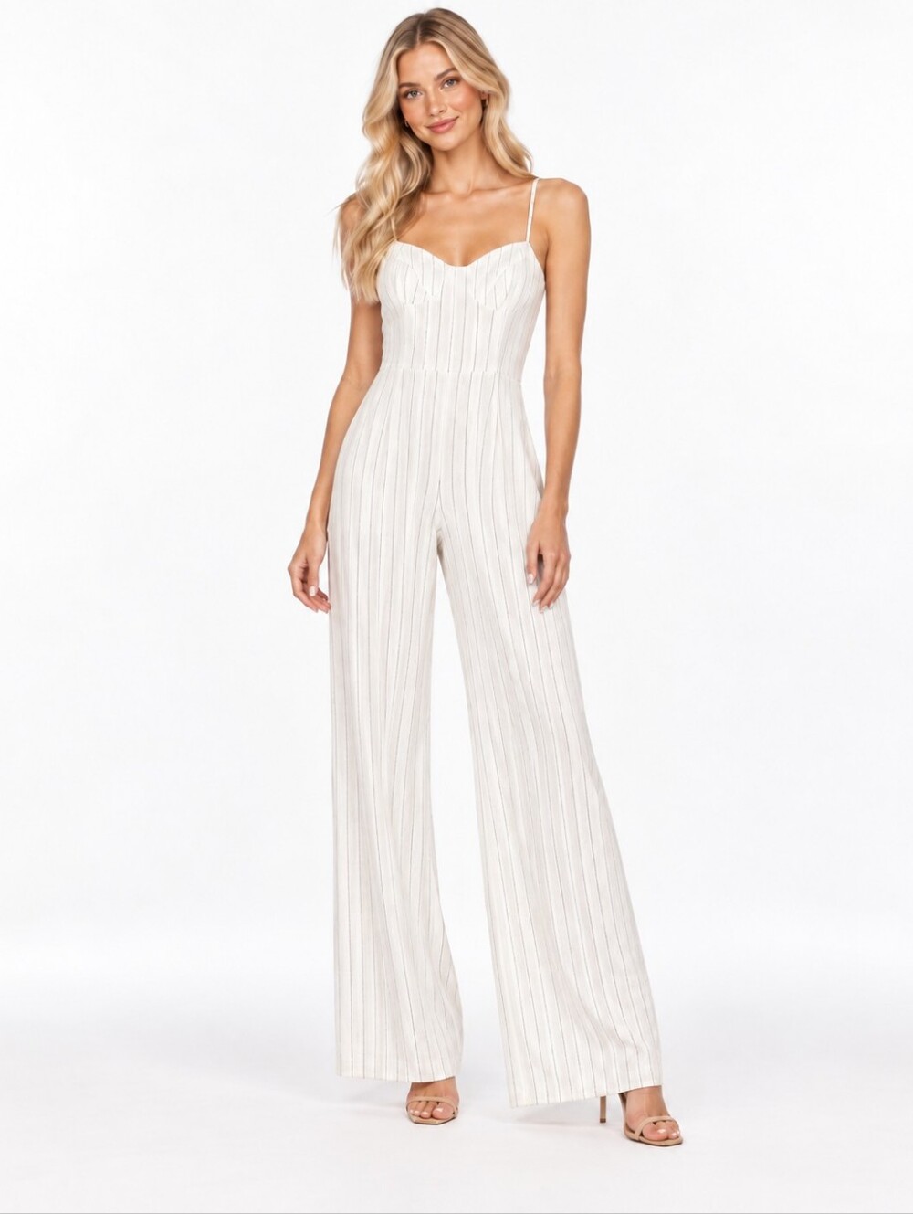 SHEIN Size XS White Linene Striped Wide Leg Jumpsuit Like New